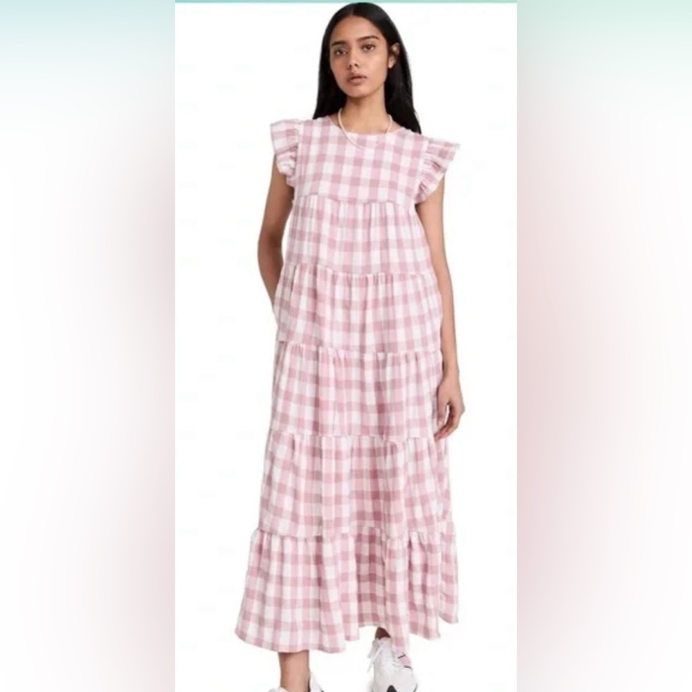 English Factory Pink & White Gingham Textured Tiered Maxi Dress Pockets Size L